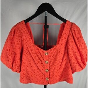 Womens Eyelet Crop Top Sz L Coral Orange Puff Sleeve Smocked Coquette Coastal
